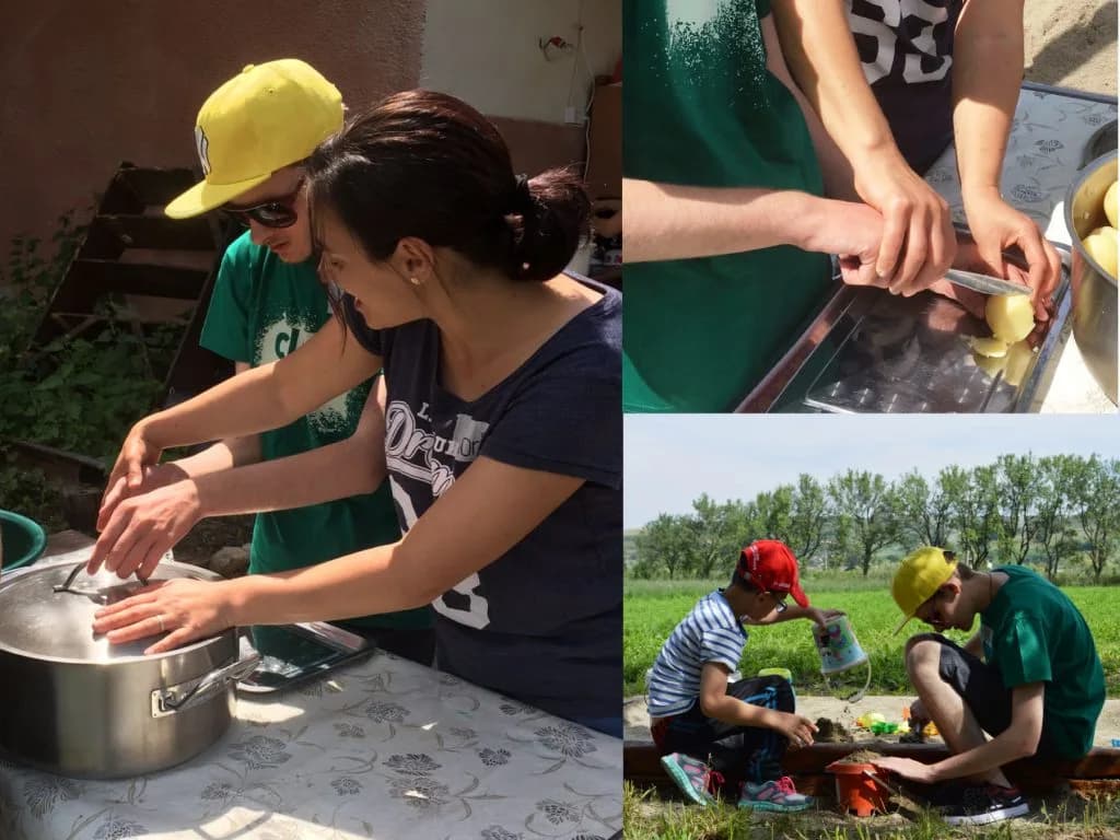 Colaj cu copii și voluntari care gătesc, lucrează la un proiect și explorează natura
