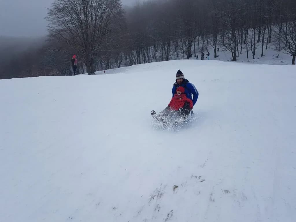 Doi copii coboară împreună cu sania pe pârtia înzăpezită